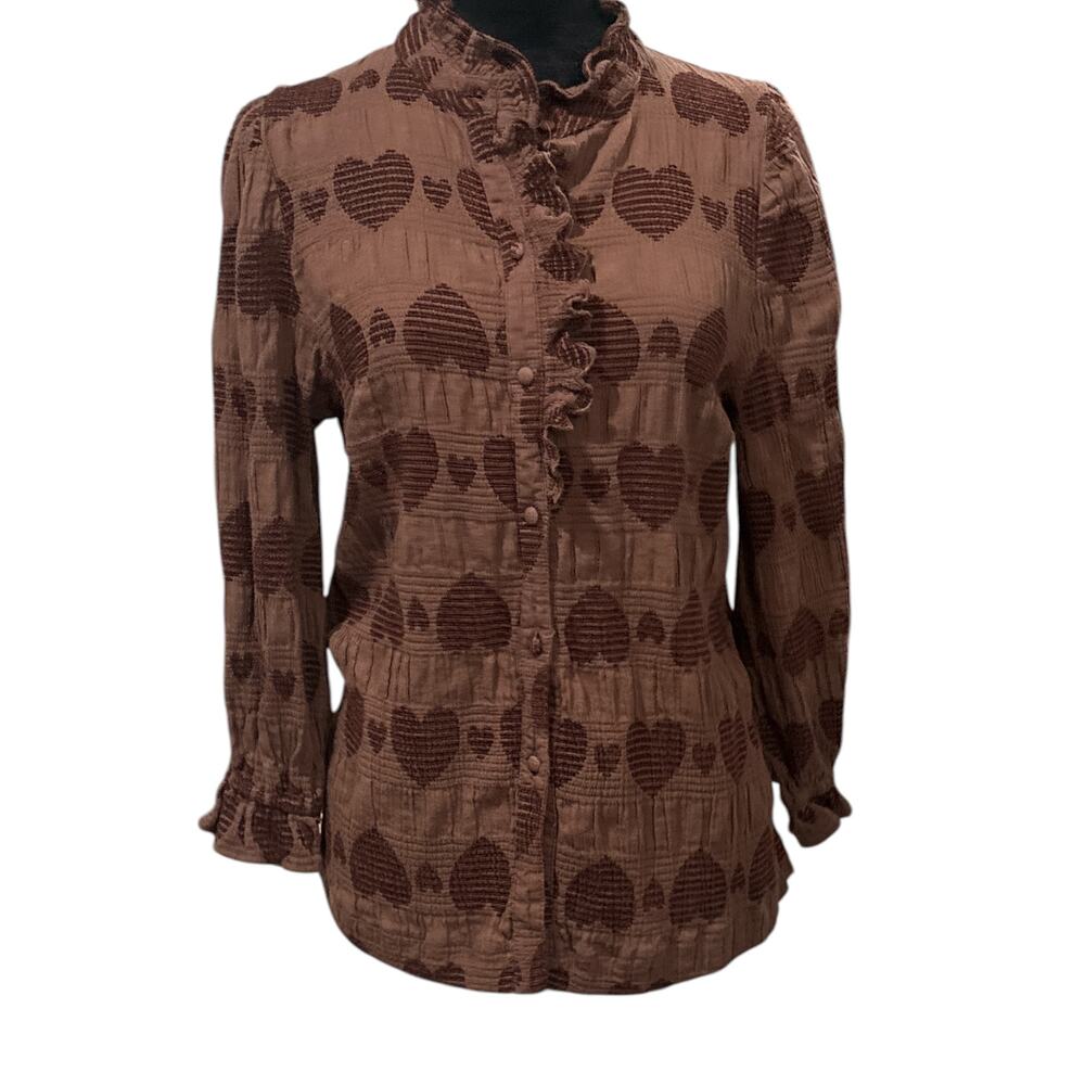 Umgee Brown Heart Embroidered Ruffle Button Up Top Women’s Large